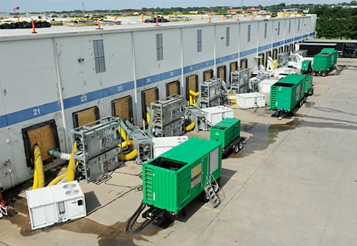 Emergency response equipment outside of a large commercial building.