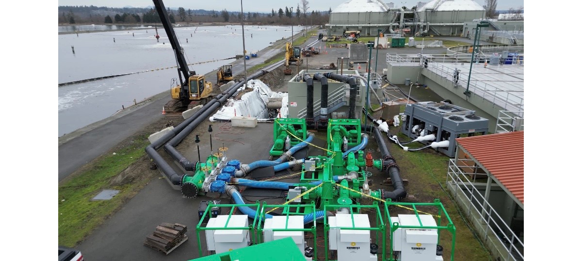 An aerial view of a work site with Sunbelt Rental pump equipment shown.