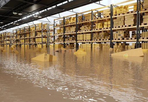 A flooded warehouse with cardboard boxes floating on water.