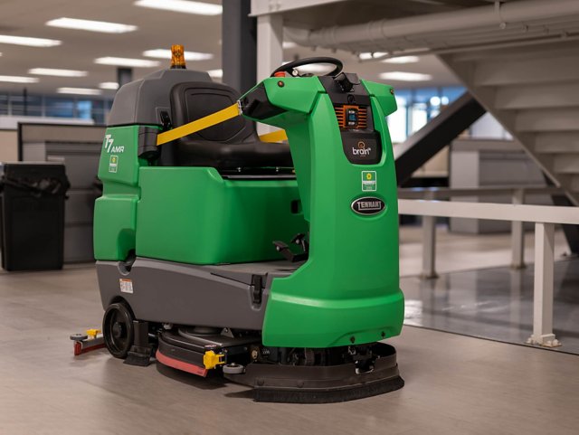 A ride-on floor scrubber from Sunbelt Rentals, inside of a commercial building.