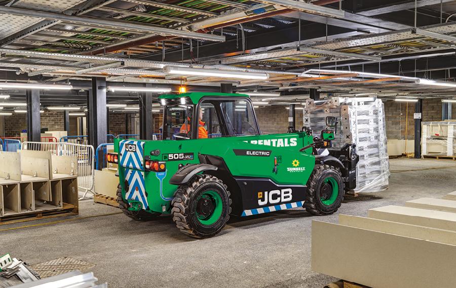 A forklift from Sunbelt Rentals inside of a building.