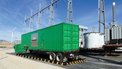 A generator near wind turbines in an industrial area.