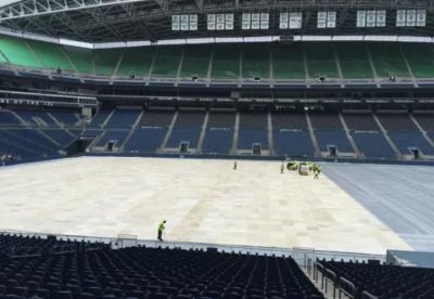 Ground protection applied at a stadium for an event.