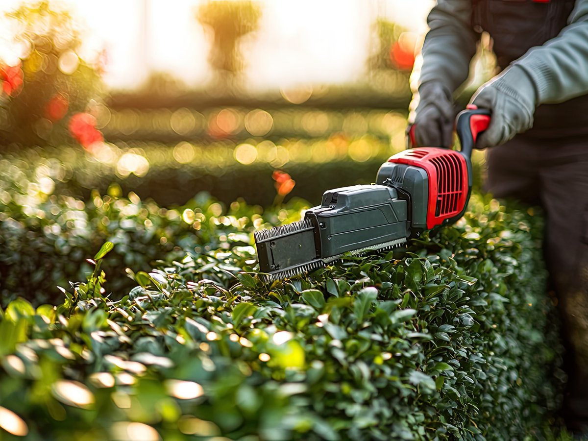 A close-up view of a battery hedge trimmer being used to trim green hedges.
