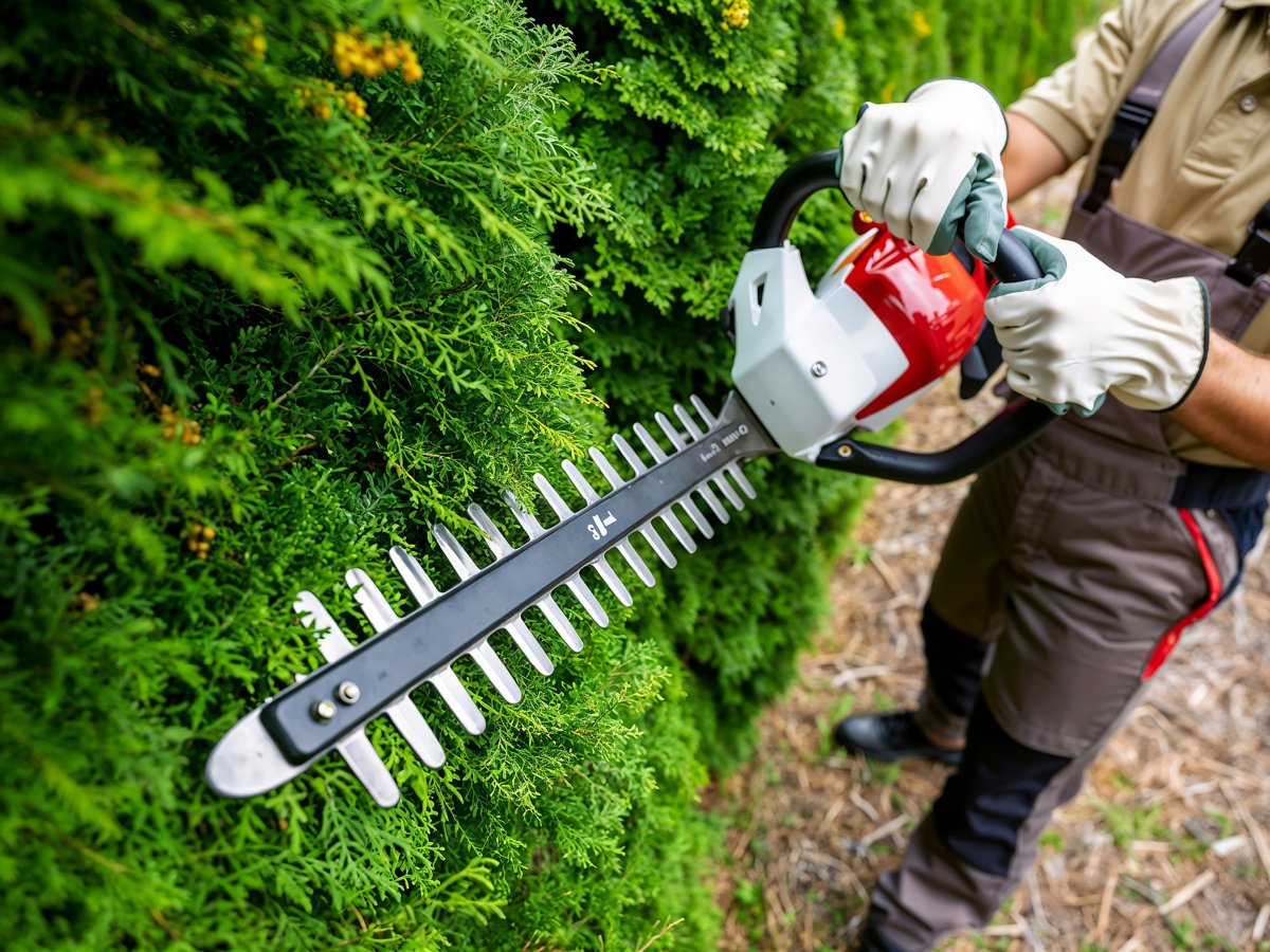 A person using a battery hedge trimmer to shape a lush hedge.