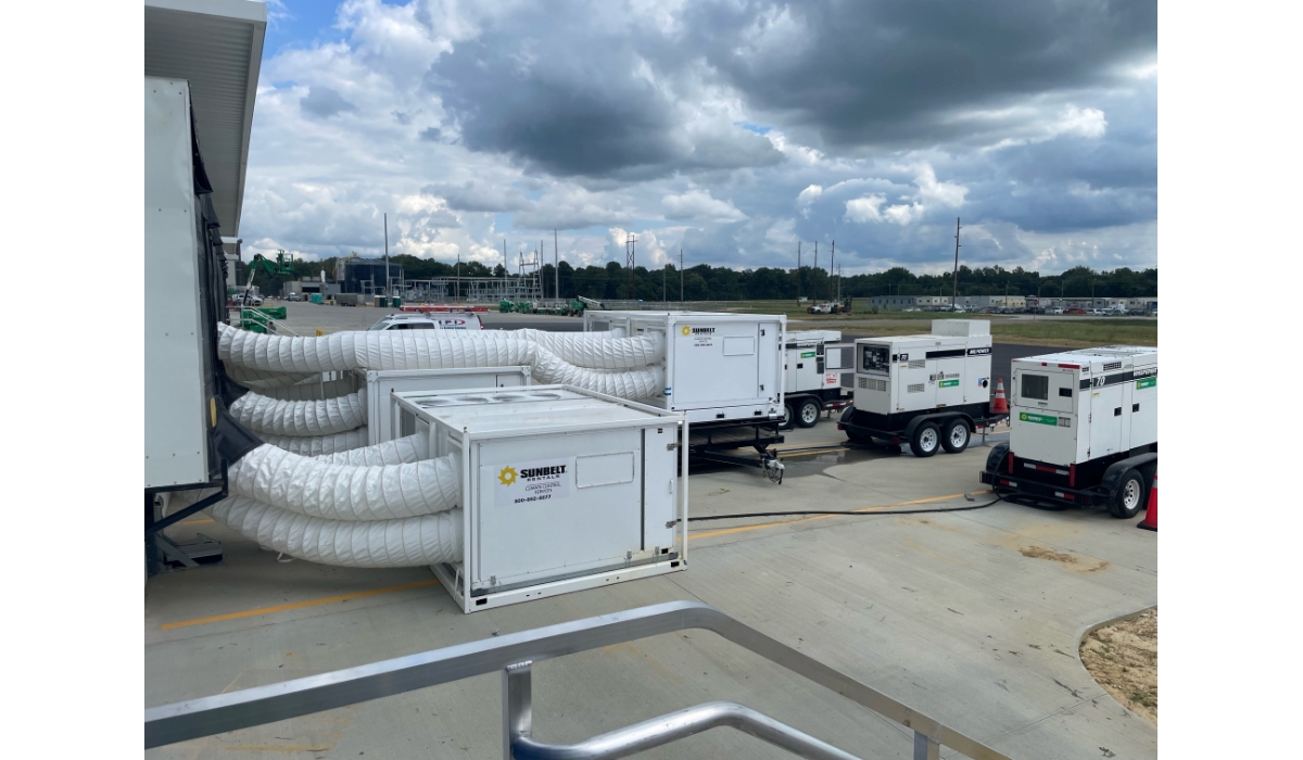 HVAC equipment from Sunbelt Rentals installed outside of a building.