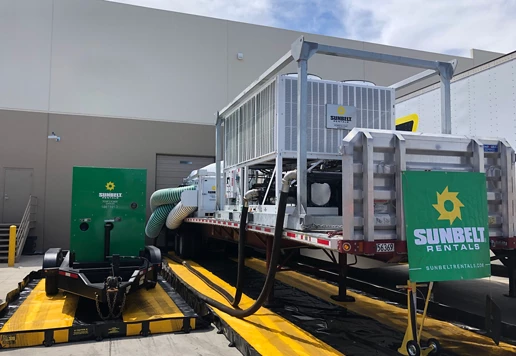 A commercial air conditioning rental unit installed outside of a building.