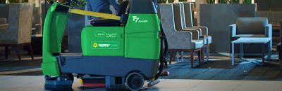 A close-up view of a robotic floor cleaner.