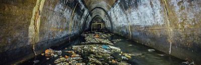 Trash floating in a sewage system.