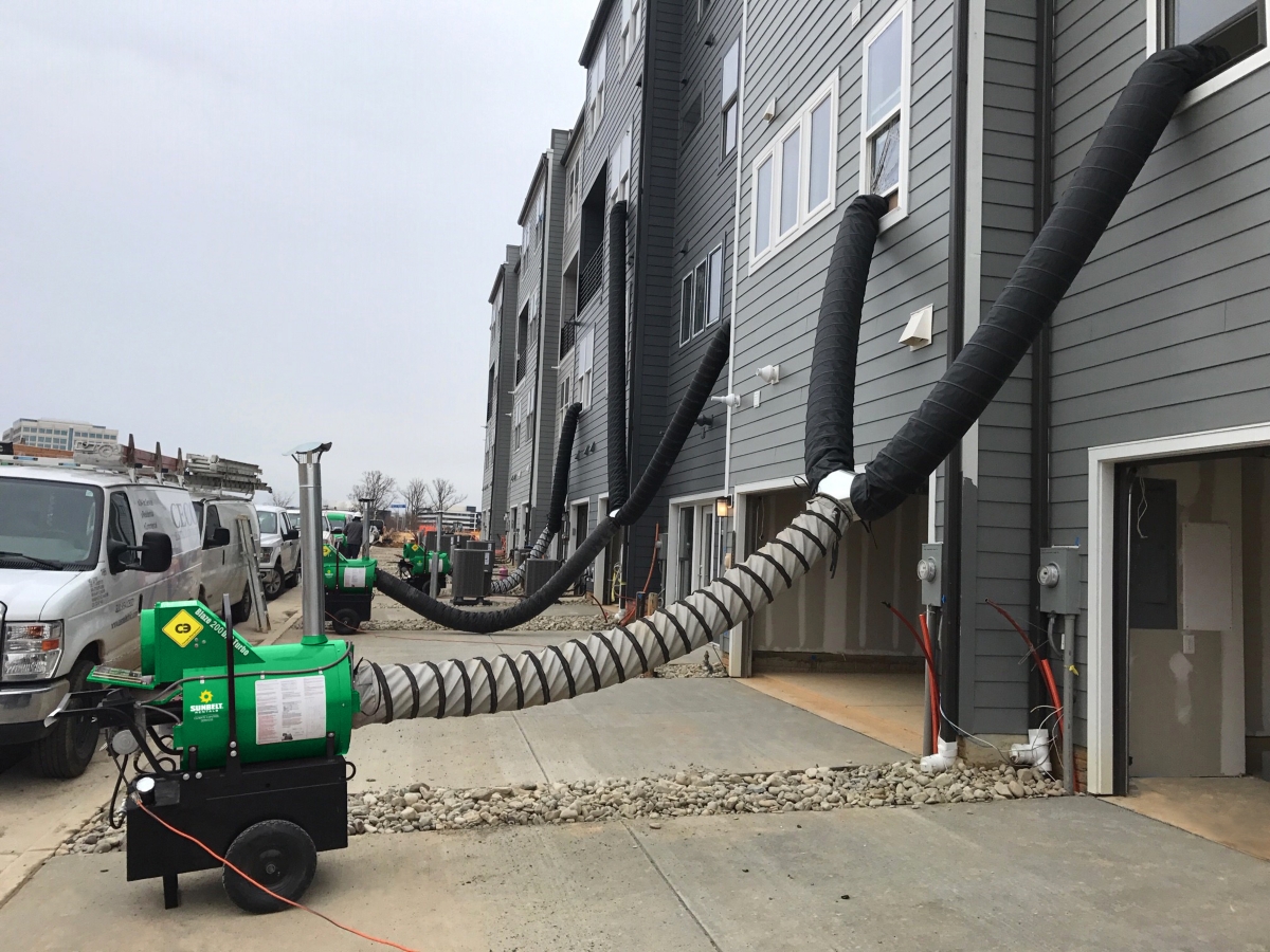 An indirect heater from Sunbelt Rentals installed outside of a building.