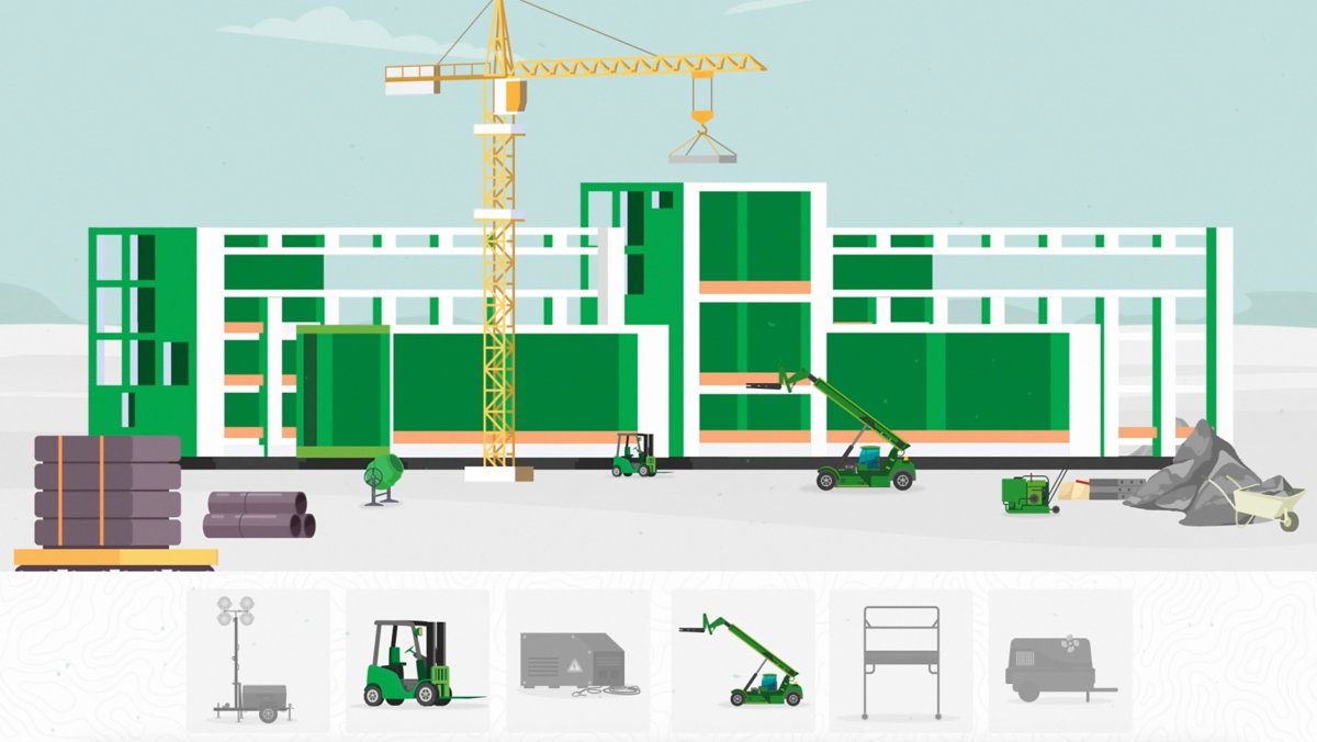 An illustration of a construction site with Sunbelt Rentals equipment.