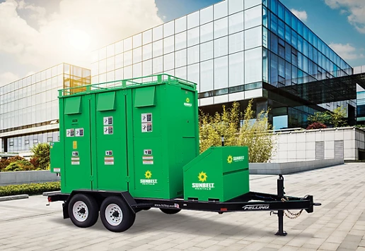 A 300KW A/C resistive load bank from Sunbelt Rentals, in front of a high-rise building.