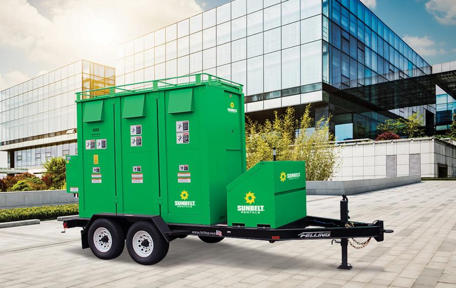 A 300KW A/C resistive load bank from Sunbelt Rentals, in front of a high-rise building.