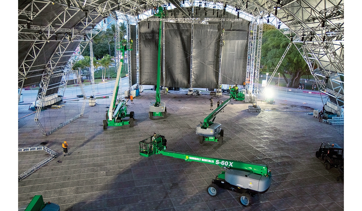 Multiple boom lifts work around a job site where a structure is being assembled.