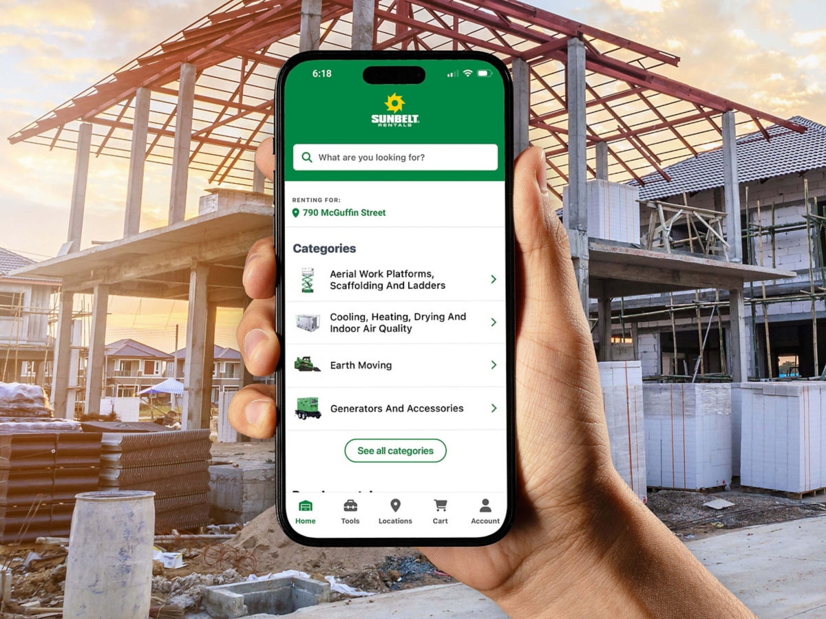 A close-up view of a mobile phone with the Sunbelt Rentals app open.