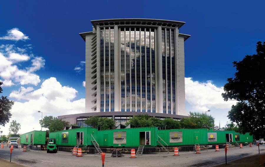 Sunbelt Rentals trailers in front of healthcare facility.