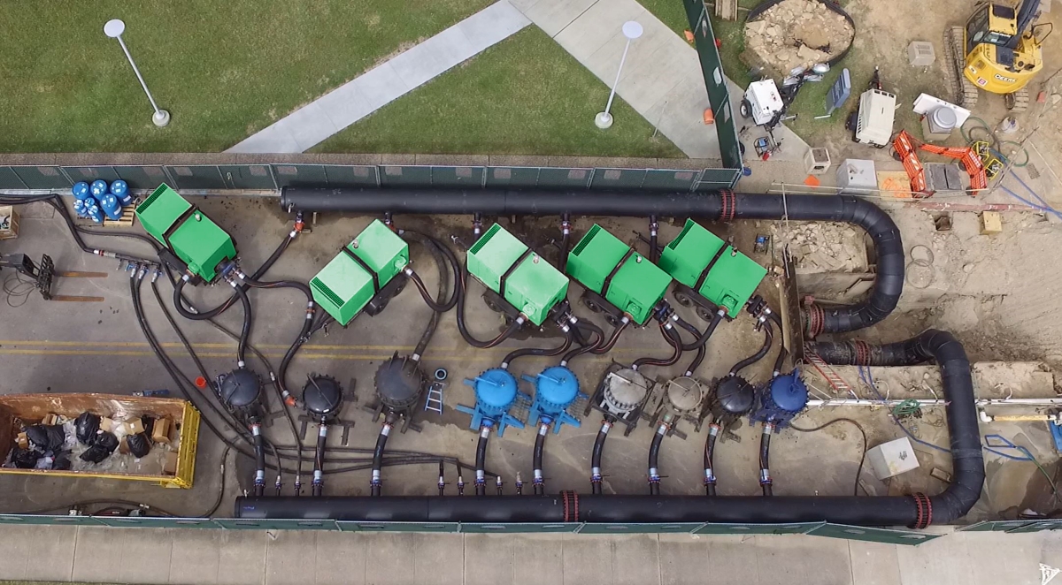 An overhead view of an industrial site featuring several industrial pumps from Sunbelt Rentals.