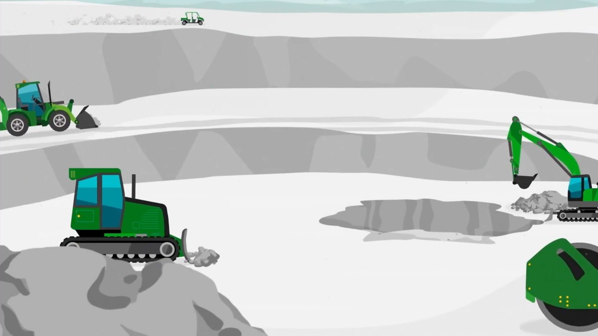 An illustration of green earth moving equipment at a job site.