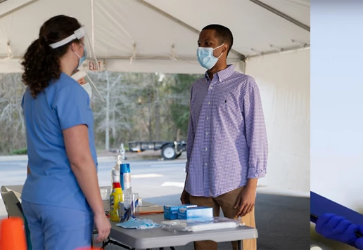 A collage of people working at pop-up healthcare sites.