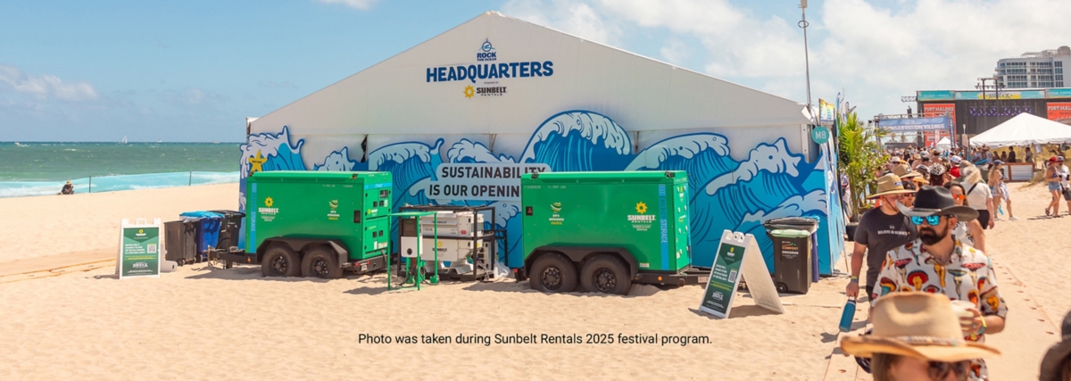 Sunbelt Rentals power equipment installed alongside the headquarters tent at the Tortuga Music Festival.