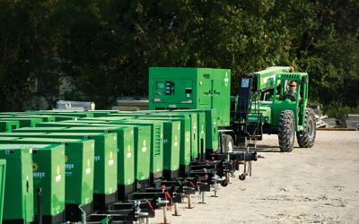 Generators from Sunbelt Rentals lined up for hurricane relief.