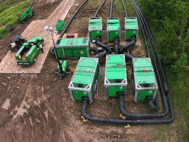 An aerial view of pumps from Sunbelt Rentals installed at a project site.