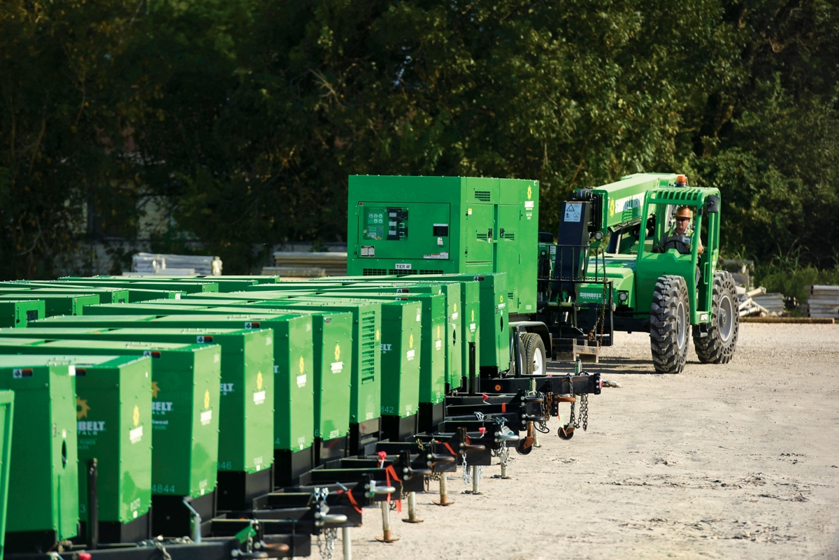 Generators from Sunbelt Rentals lined up for hurricane response.