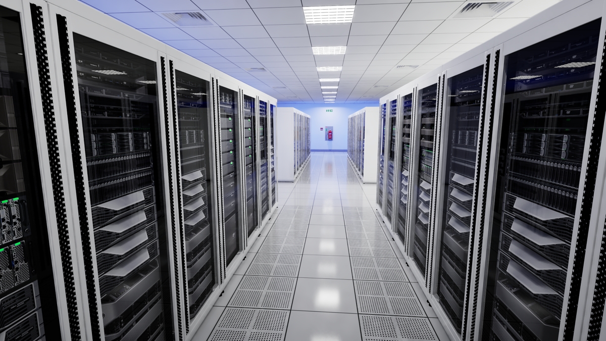 Aisles of servers in a data center.