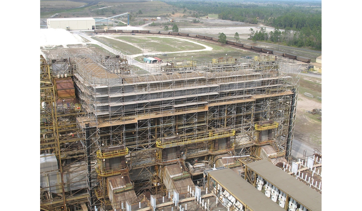 A construction site with scaffolding installed.