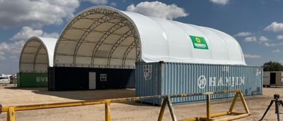 A shipping container cover from Sunbelt Rentals.