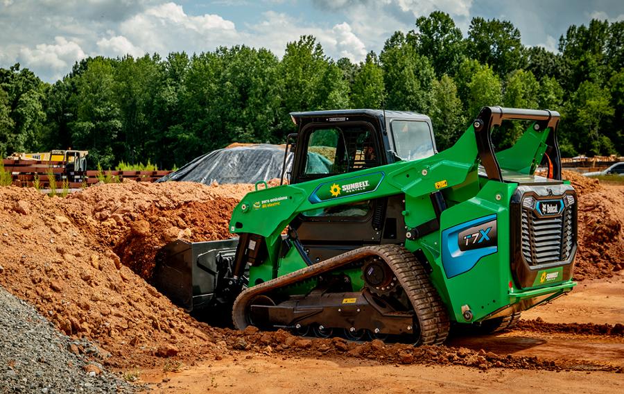 A skidsteer from Sunbelt Rentals at a jobsite.