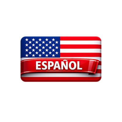 Spanish. A United States flag is in the background.