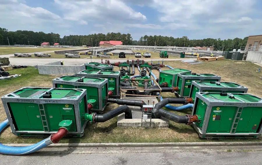 Multiple industrial bypass pumps from Sunbelt Rentals.
