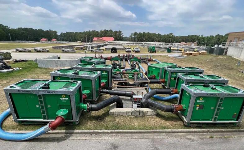 Multiple industrial bypass pumps from Sunbelt Rentals.