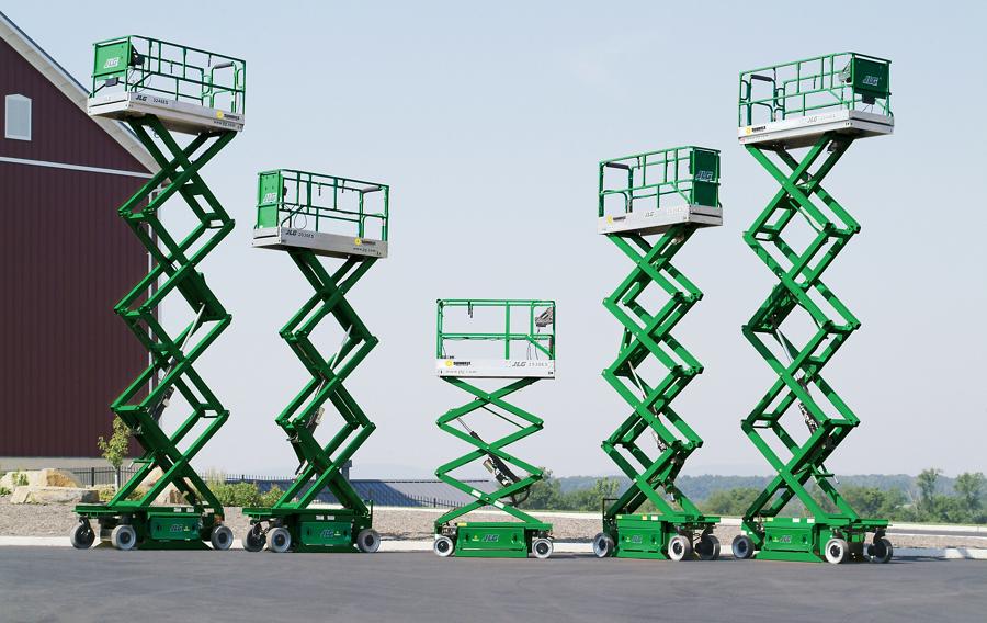 An array of scissor lifts from Sunbelt Rentals, at various heights.