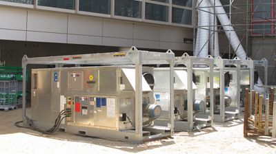 Temporary HVAC equipment installed outside of buildings.