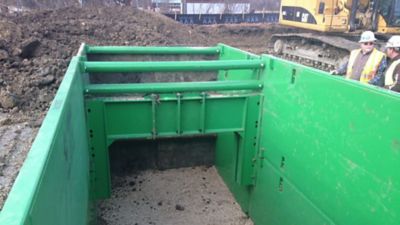 A close-up view of a trench box.