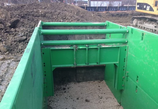 A close-up view of a trench box.