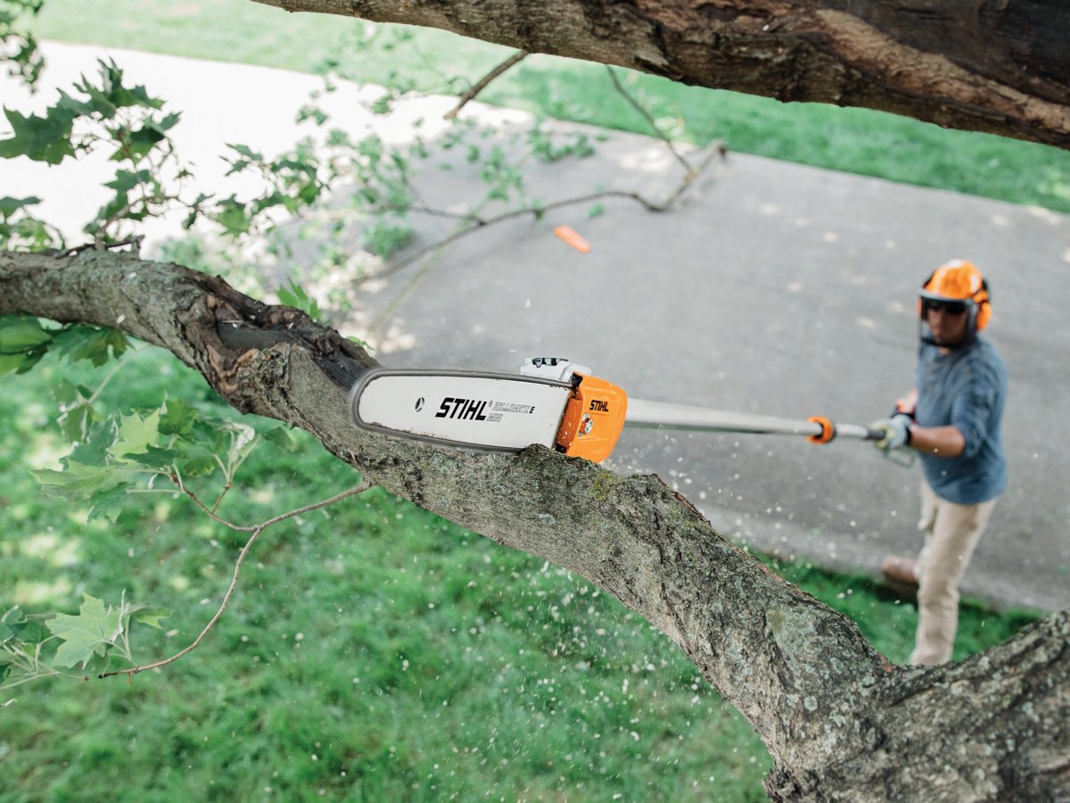 A STIHL pole saw cutting through a tree branch.