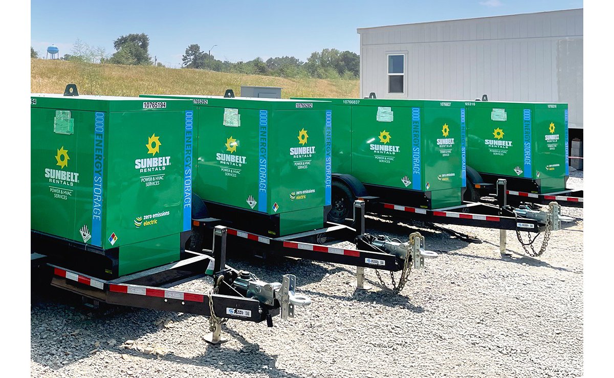 A row of battery energy storage systems from Sunbelt Rentals.
